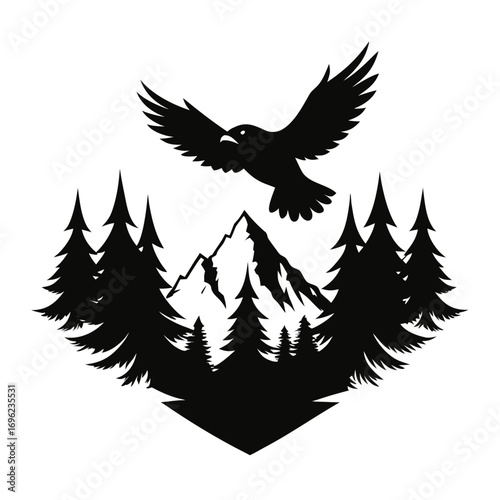 Flying Eagle over Mountain Forest Silhouette Vector