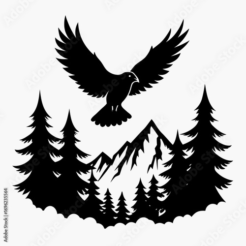 Flying Eagle over Mountain Forest Silhouette Vector