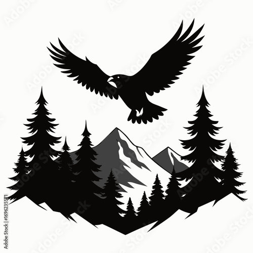 Flying Eagle over Mountain Forest Silhouette Vector