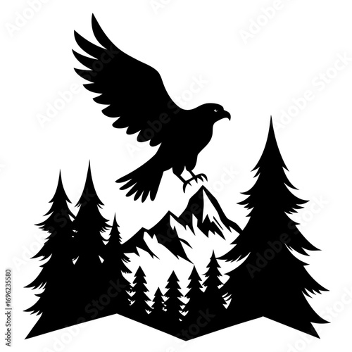 Flying Eagle over Mountain Forest Silhouette Vector