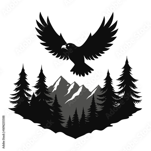 Flying Eagle over Mountain Forest Silhouette Vector