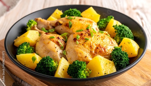 Roasted chicken with potatoes and broccoli in a black bowl