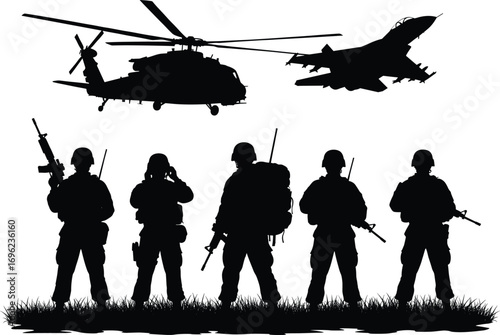 Military silhouette illustration, armed soldiers, tactical gear, jet fighter, helicopter, battlefield scene, defense concept, war zone, black vector, army team
