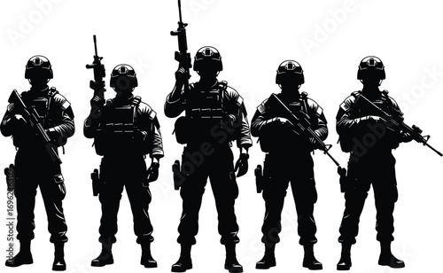 Military silhouette illustration, armed soldiers, tactical gear, rifle poses, black vector, defense team, war zone, combat squad, battlefield stance, army formation