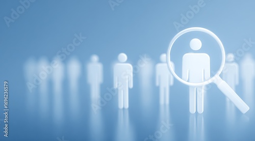 White figurines in a row, with one highlighted by a magnifying glass, against a light blue background