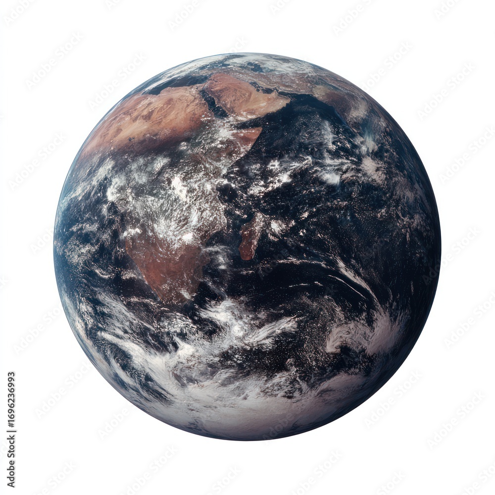 Naklejka premium Blue planet earth floats in space. Continents visible, partially obscured by clouds, set against a white background