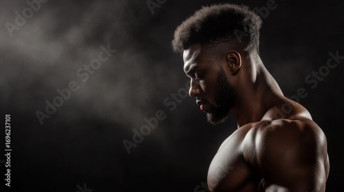 Dynamic fitness portrait of a muscular athlete studio setting professional photography dark background close-up view strength and resilience concept