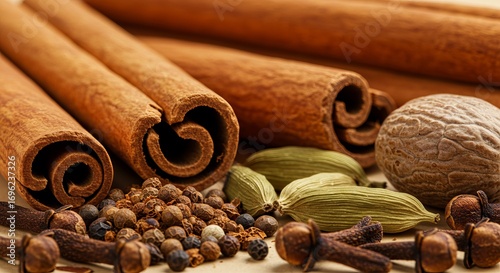 Fototapeta Naklejka Na Ścianę i Meble -  A close-up shot of various dried spices, including cinnamon sticks, cardamom pods, peppercorns, cloves, and a nutmeg.