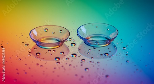 Two clear contact lenses rest on a colorful, wet surface, with small water droplets scattered around them, reflecting rainbow hues.