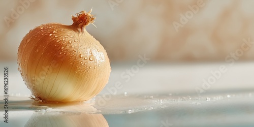 Golden whole onion with delicate translucent skin covered in fresh water droplets, placed on a light surface against a softly blurred warm background, creating a fresh and appetizing kitchen scene.