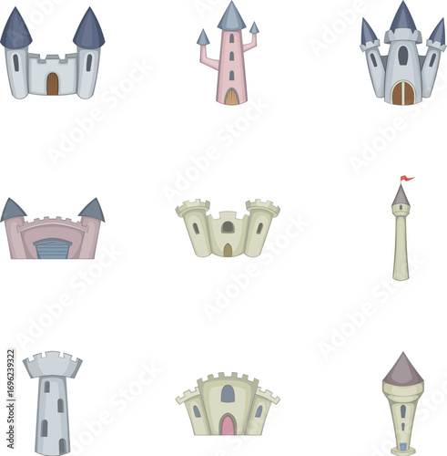 Citadel and chateau fortress icons set