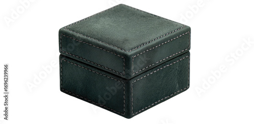 Dark-gray, cube-shaped, leather-like box with stitched edges