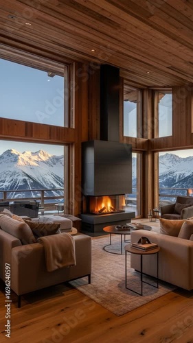 Luxury mountain chalet with panoramic snowy peak views, cozy fireplace, modern wooden interior, and large windows bringing in natural light for a warm winter retreat.