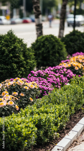Wallpaper Mural Vibrant flowers and green shrubs beautifully line a sunny urban sidewalk. This colorful garden provides a refreshing city view inspiration. Torontodigital.ca
