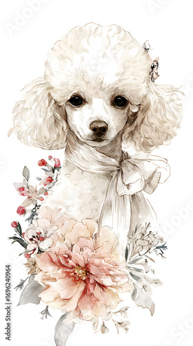 Poodle adorned with flowers wearing a scarf