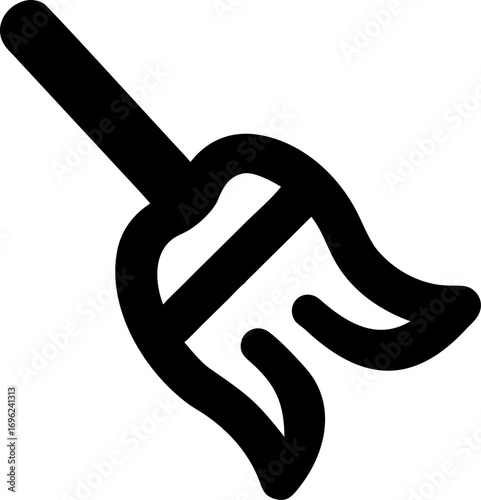A stylized black and white illustration of a broom, symbolizing cleaning and tidiness in a simple, modern graphic style