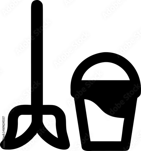 Minimalist black line icon of a mop and a bucket with water, symbolizing cleaning, hygiene, and household chores