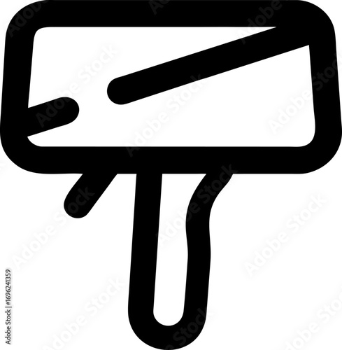 A simple black line art icon of a blank signpost with an angled detail, representing direction, information, or a placeholder for custom text and graphics in minimalist design