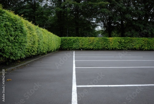 Wallpaper Mural Empty parking lot, freshly painted white lines, backs onto a green hedge row under trees, suggesting a park or garden setting Torontodigital.ca