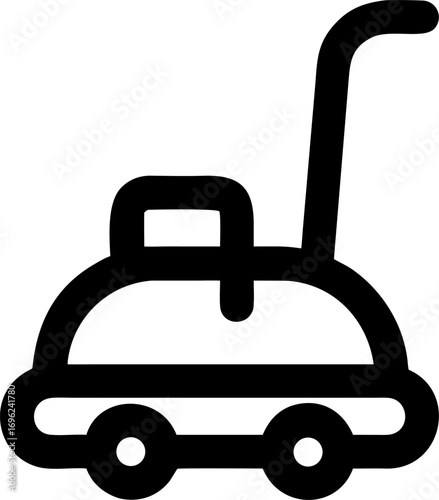 A simple black and white line icon of a push lawn mower, symbolizing garden maintenance, landscaping, and yard work