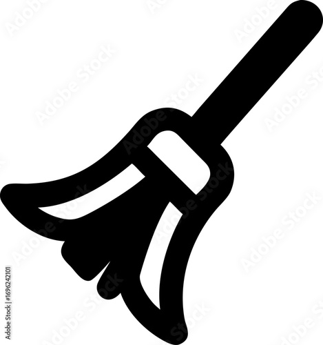 Simple black line art icon of a witch's broom or besom, representing cleaning and sweeping, isolated on a white background for design