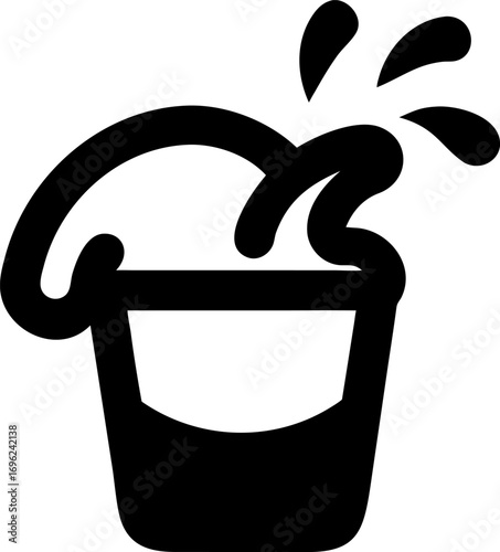 Simple silhouette icon of a bucket spilling liquid, a versatile symbol for spills, messes, cleaning supplies, and dynamic activities