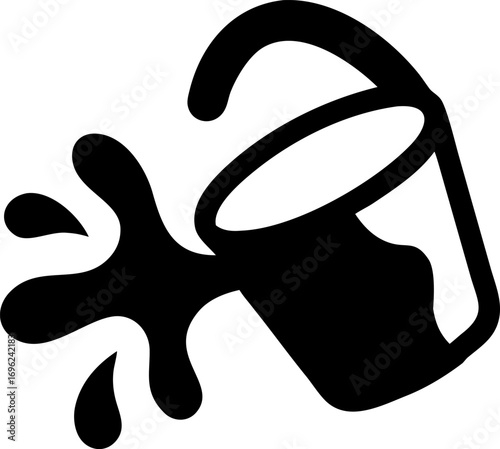Bold black silhouette of a spilling bucket, a simple vector icon symbolizing accidents, messes, and creative chaos