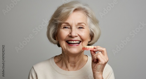 Elderly cheerful gray-haired woman smiling while holding dentures indoors