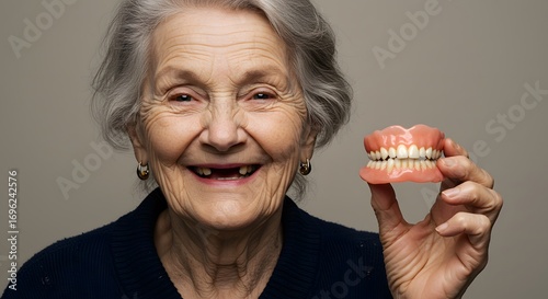 Elderly woman smiling and holding dentures in indoor setting  