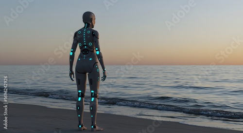 Futuristic humanoid robot standing on the beach at sunset - Concept of techno body  