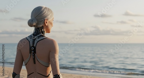 Female humanoid robot with grey hair looking at the ocean on the beach during sunset - techno body concept