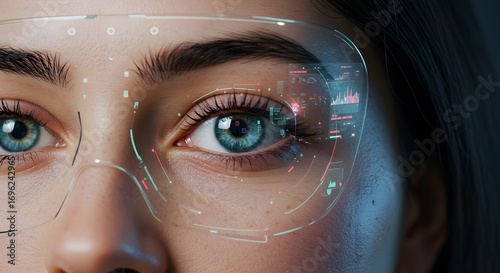 Young woman wearing futuristic glasses with digital interface concept of techno body  