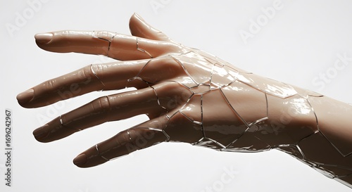 A robotic glass hand with a transparent surface and complex details representing a techno-body