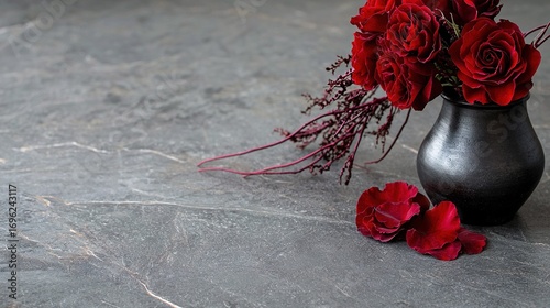 Fototapeta Naklejka Na Ścianę i Meble -   Red flowers in two vases on a stone floor