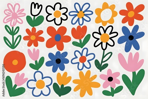 Colorful floral pattern with various flower shapes and colors in a playful and whimsical style