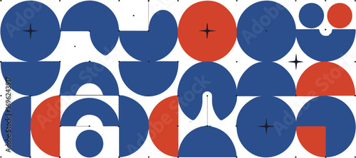 Abstract arrangement of blue and red geometric shapes on white