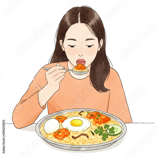 Woman enjoys delicious biryani, savoring every bite of Indian dish with egg