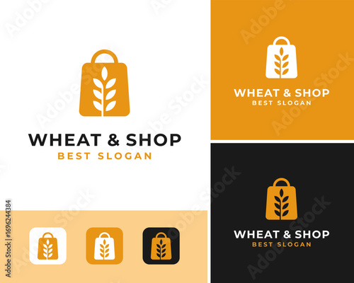 Shopping Bag Retail Store Market Wheat Grain Cereal Organic Food Vector Logo Design Illustration