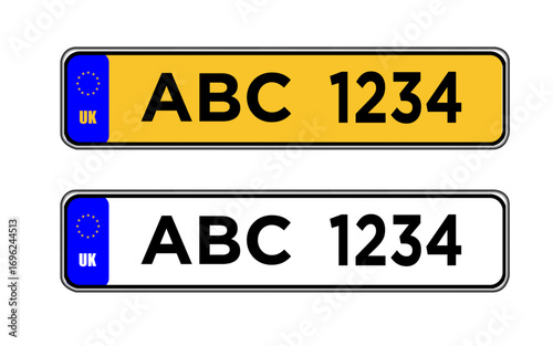 British uk car license plate template. United Kingdom car registration numberplate sign vector design