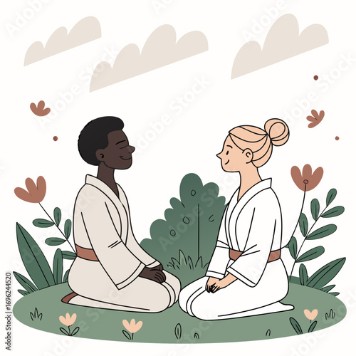 Smiling multicultural couple meditating side by side in lotus position.