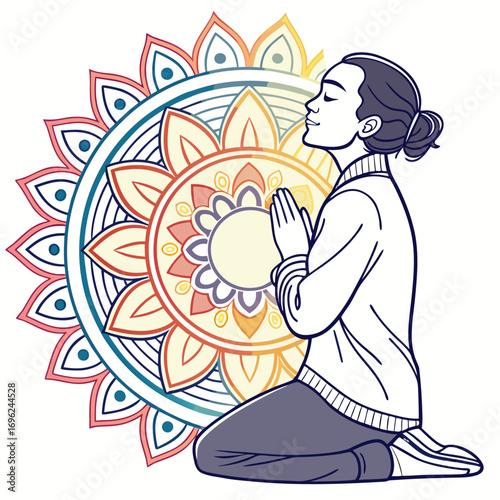 Meditating person with colorful mandala halo behind, clean vector style.