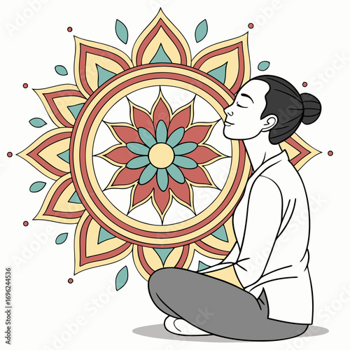 Meditating person with colorful mandala halo behind, clean vector style.