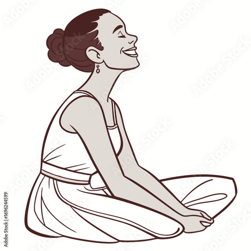 Smiling young woman sitting in lotus position isolated on white background.