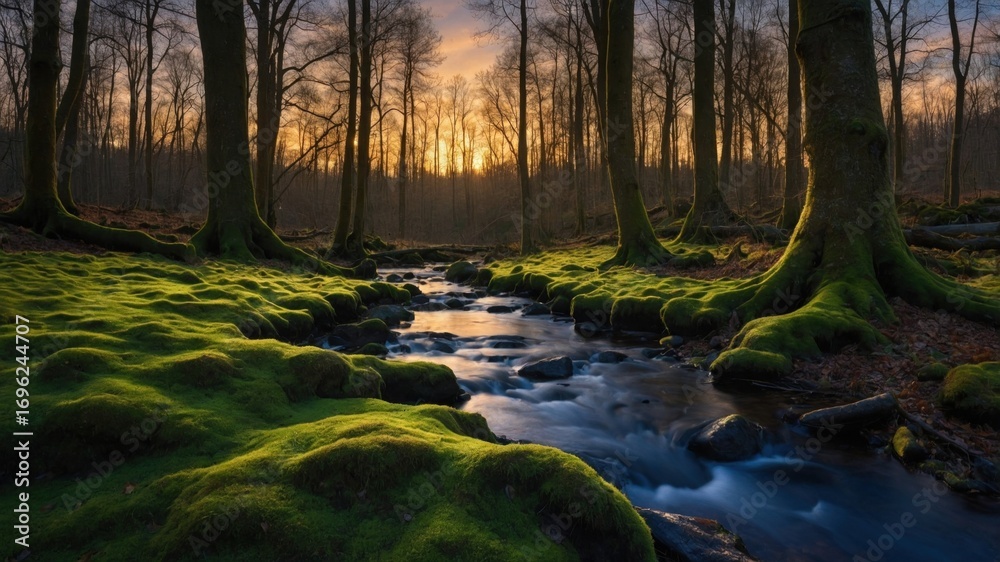 Fototapeta premium Serene forest landscape at sunset with a flowing stream and lush green moss covering the ground