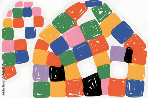 Colorful block house illustration with a simple design and a playful aesthetic style