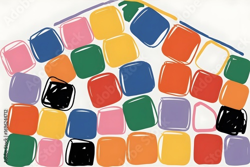 Abstract house made of colorful squares with black outlines on a white background art style