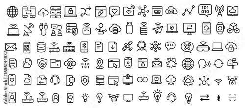 Data communication line icon set. Featuring internet, cloud, connection, network, digital system, sharing, global link, security, and more. Minimalist icons collection. Editable vector illustration. 