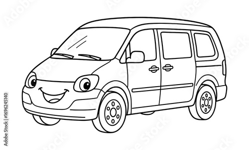 Smiling cartoon minivan with outlined style for kids coloring pages