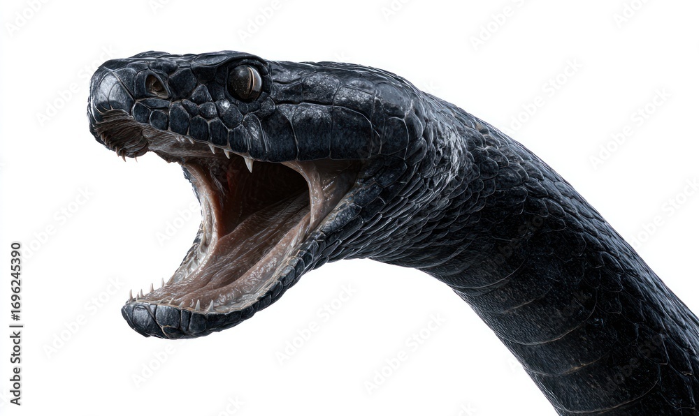Naklejka premium A dark snake's head, mouth wide open, fangs visible, set against a bright white background