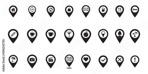 Location pin icon set with diverse point of interest symbols.  